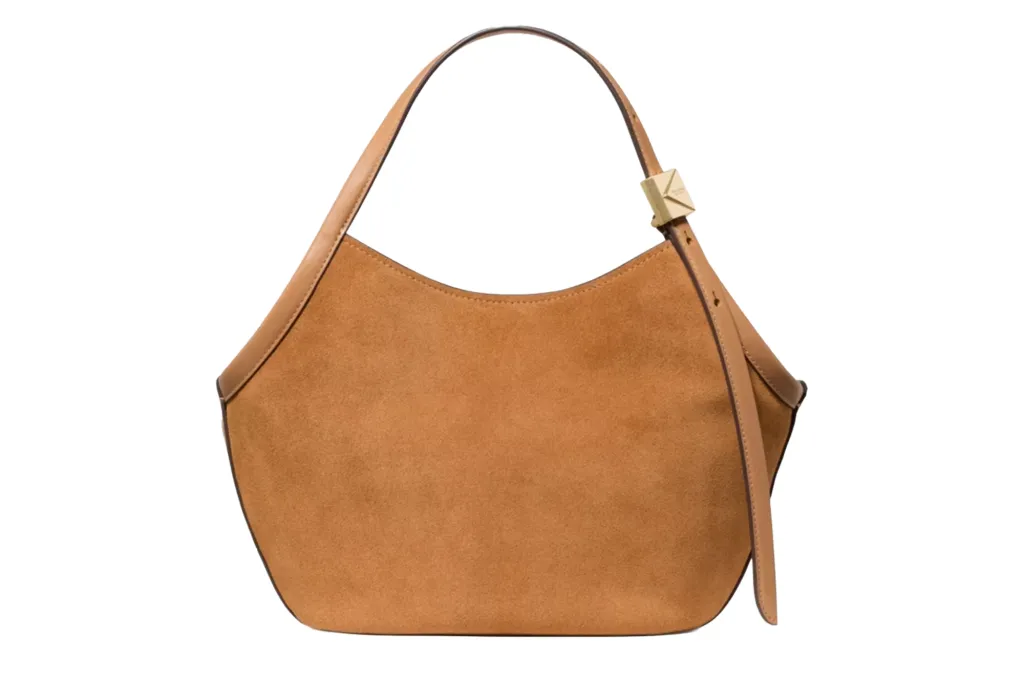 Brown suede shoulder bag with light brown leather trim and a gold-tone buckle.