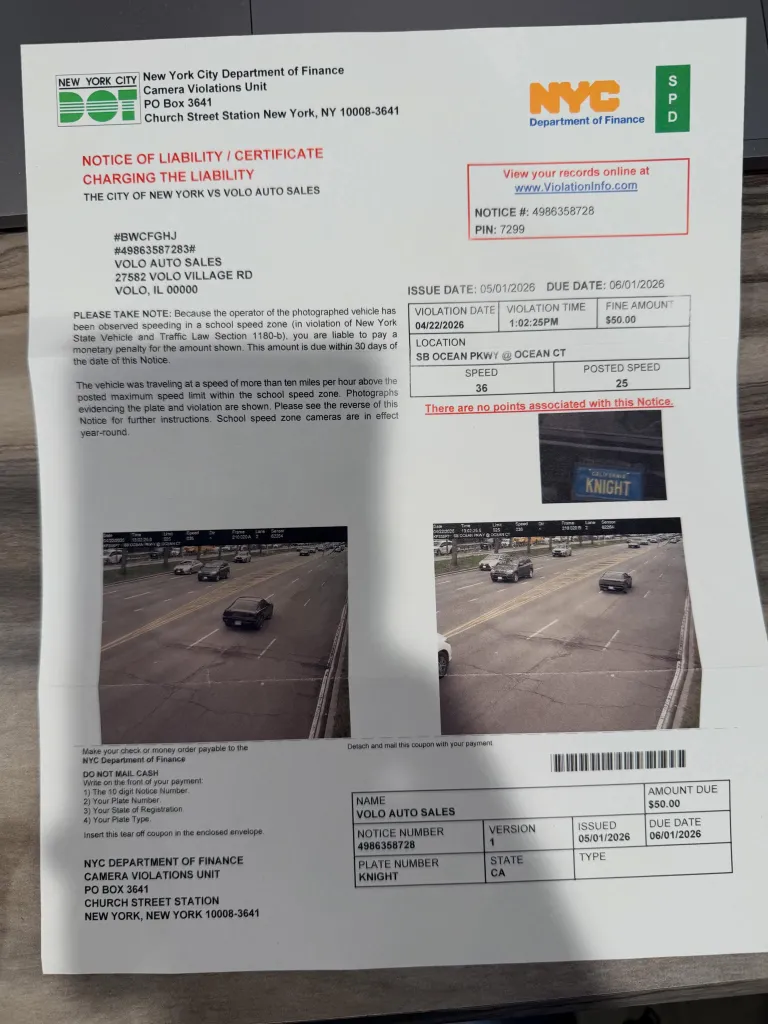 A New York City speeding ticket issued to Volo Auto Sales for a black car with a 