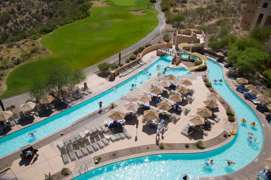 Aerial view of the lazy river at JW Marriott Tucson Starr Pass Resort & Spa.