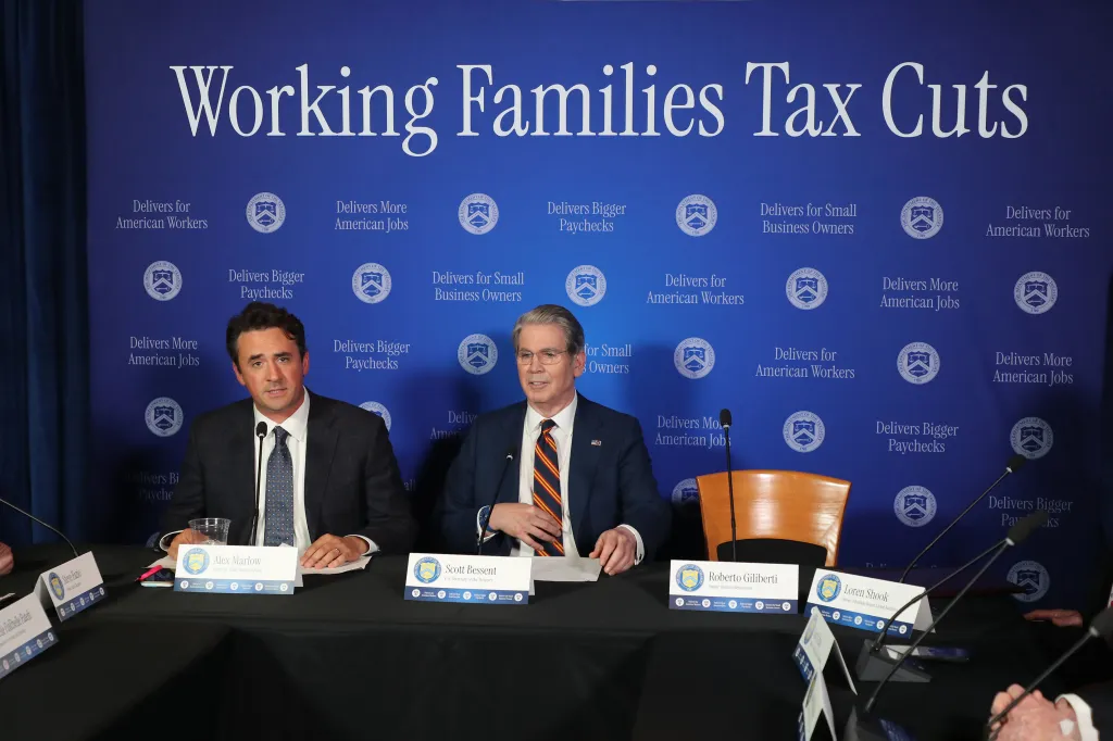 Scott Bessent, U.S. Secretary of the Treasury, and Alex Marlow, Editor-in-Chief of Breitbart News, at an event for 