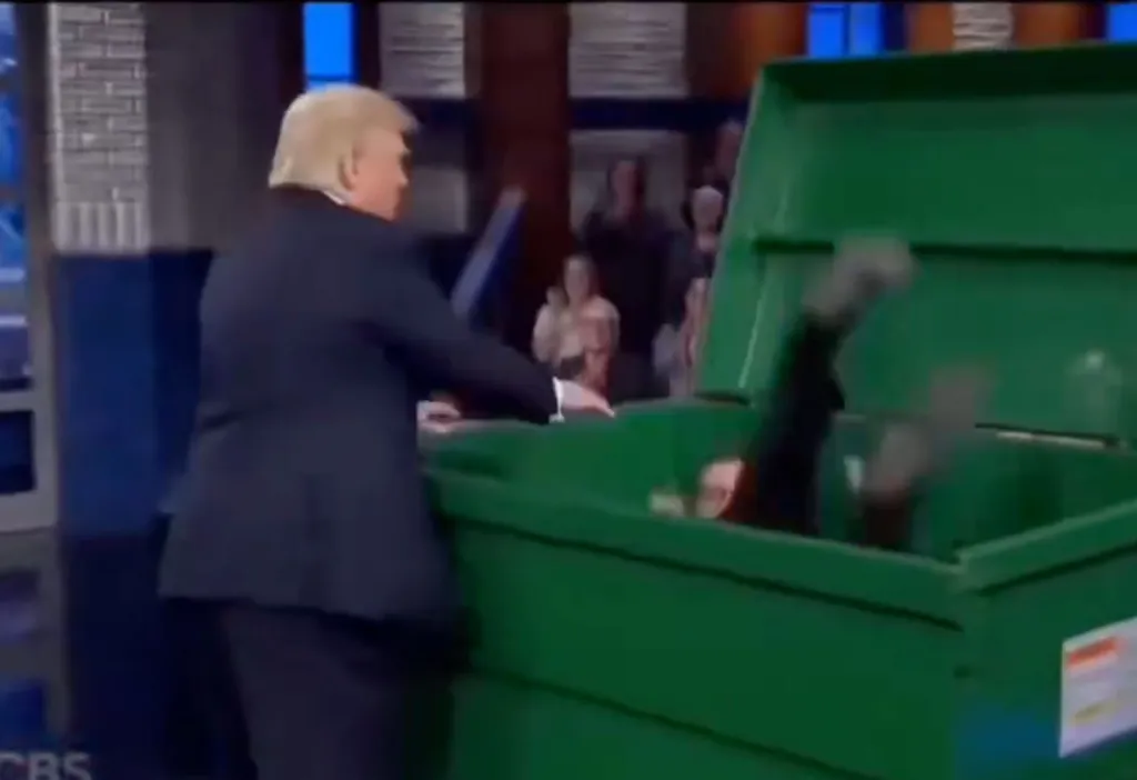 trump tosses colbert into green bin