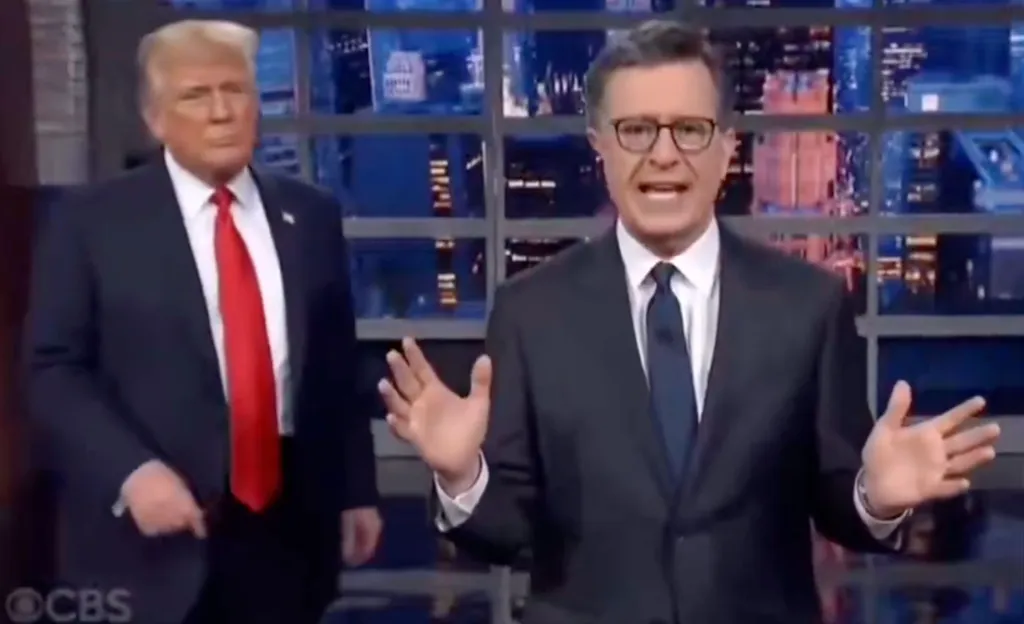 ai generated trump walks up behind Colbert on the late show