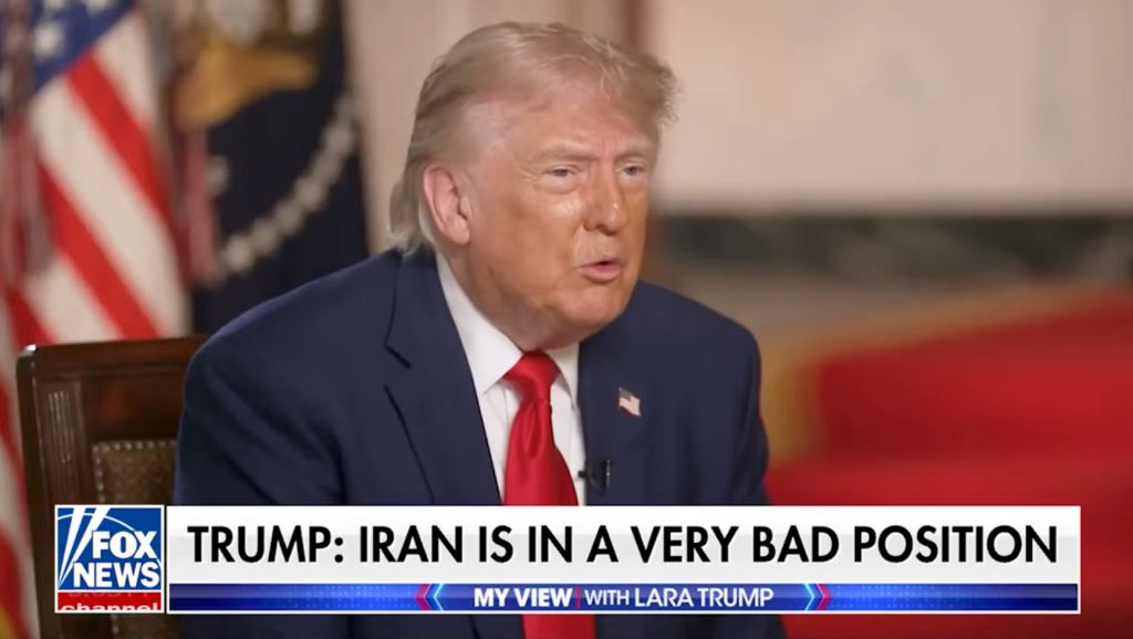 Donald Trump speaking during a Fox News interview, with a caption stating 