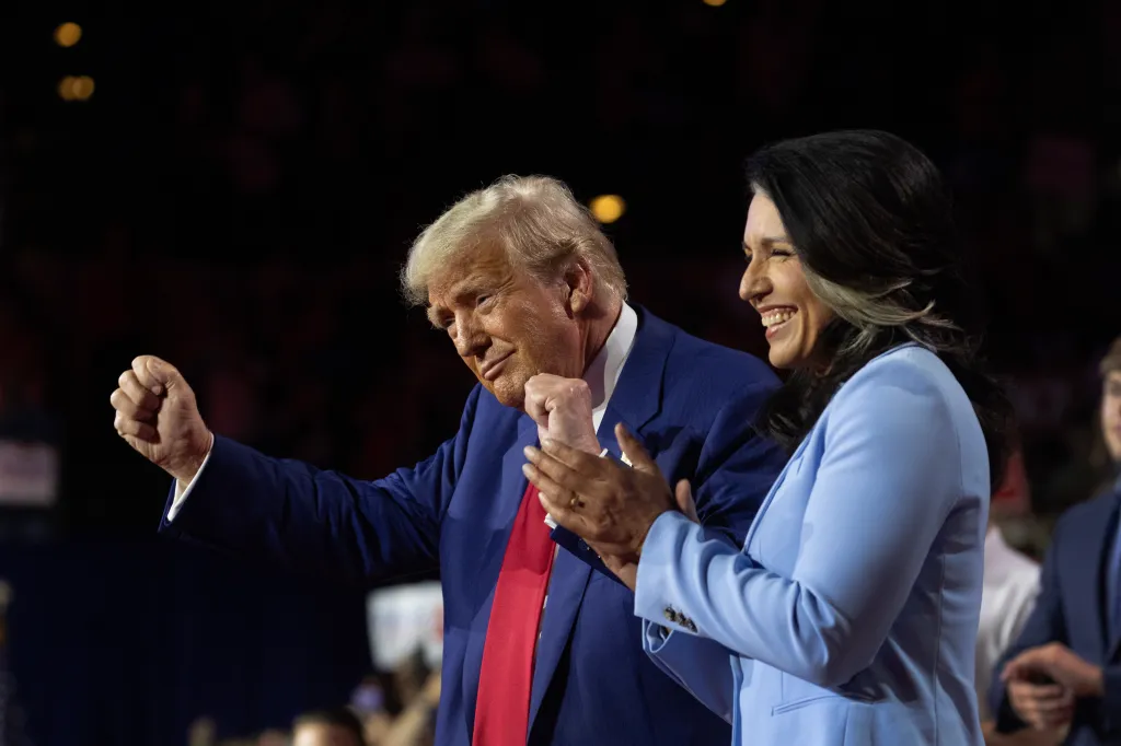 Donald Trump and Tulsi Gabbard at a town hall campaign event.