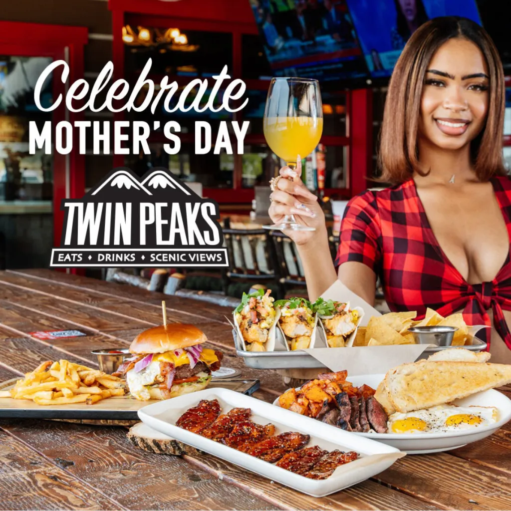 Twin Peaks Mother's Day deal with a server holding a drink and various food items on a table.