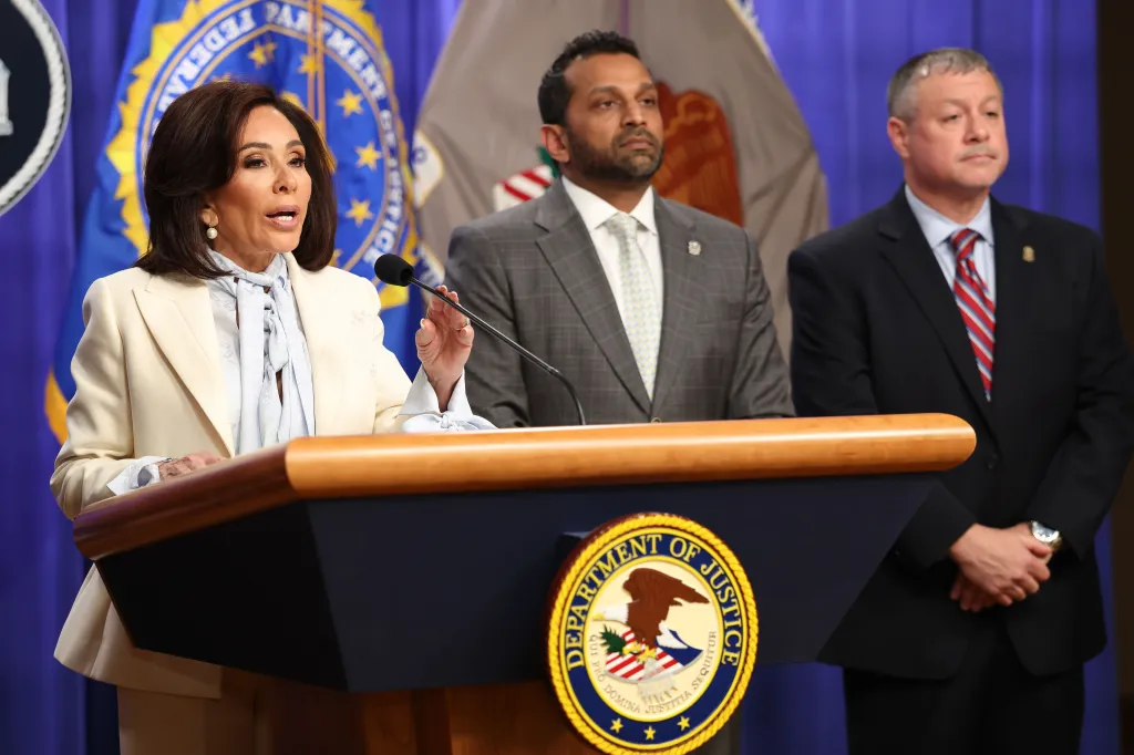 Jeanine Pirro speaks at a press conference with Kash Patel and Darren Cox in Washington, D.C.