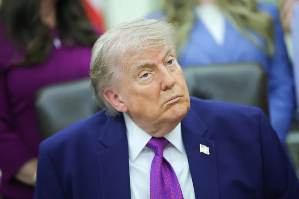 President Trump listens to a queston from a reporter during an event on maternal healthcare in the Oval Office of the White House on May 11, 2026 in Washington, DC.