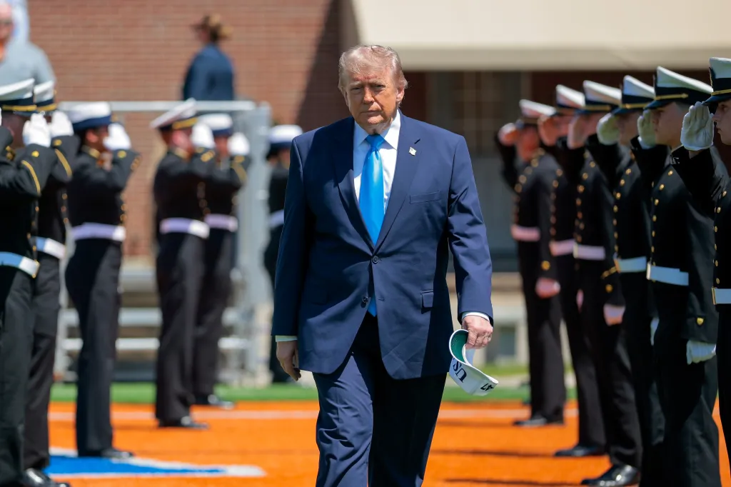 NEW LONDON, CONNECTICUT - MAY 20: U.S. President Donald Trump arrives to the commencement ceremony on Cadet Memorial Field at the United States Coast Guard Academy on May 20, 2026 in New London, Connecticut. This is the 145th U.S. Coast Guard commencement. (Photo by Chip Somodevilla/Getty Images) *** BESTPIX ***