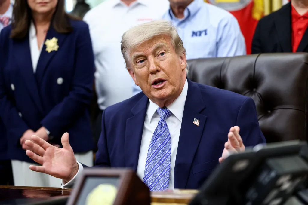 U.S. President Donald Trump speaks during an announcement in the Oval Office.