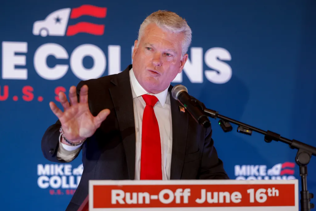 Rep. Mike Collins speaking at his primary election watch party.