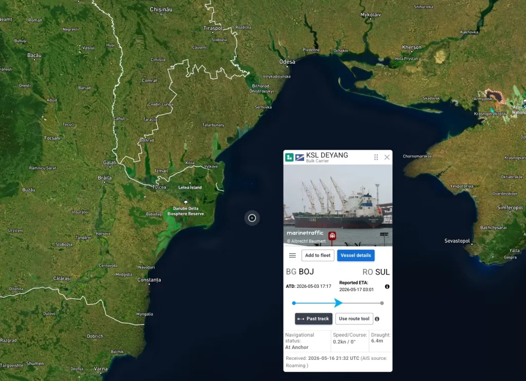 A satellite map showing Eastern Europe and the Black Sea, with a pop-up displaying information about the bulk carrier KSL DEYANG, including its image and navigational status.