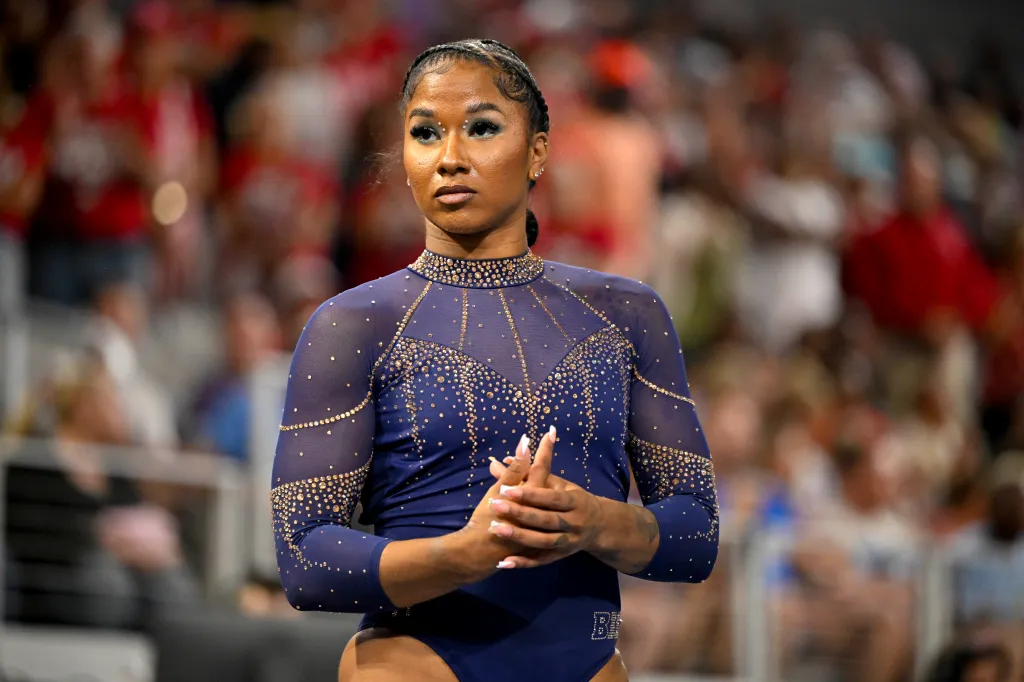 UCLA gymnast Jordan Chiles looks on during the NCAA Women’s Gymnastics National Championships semifinals.
