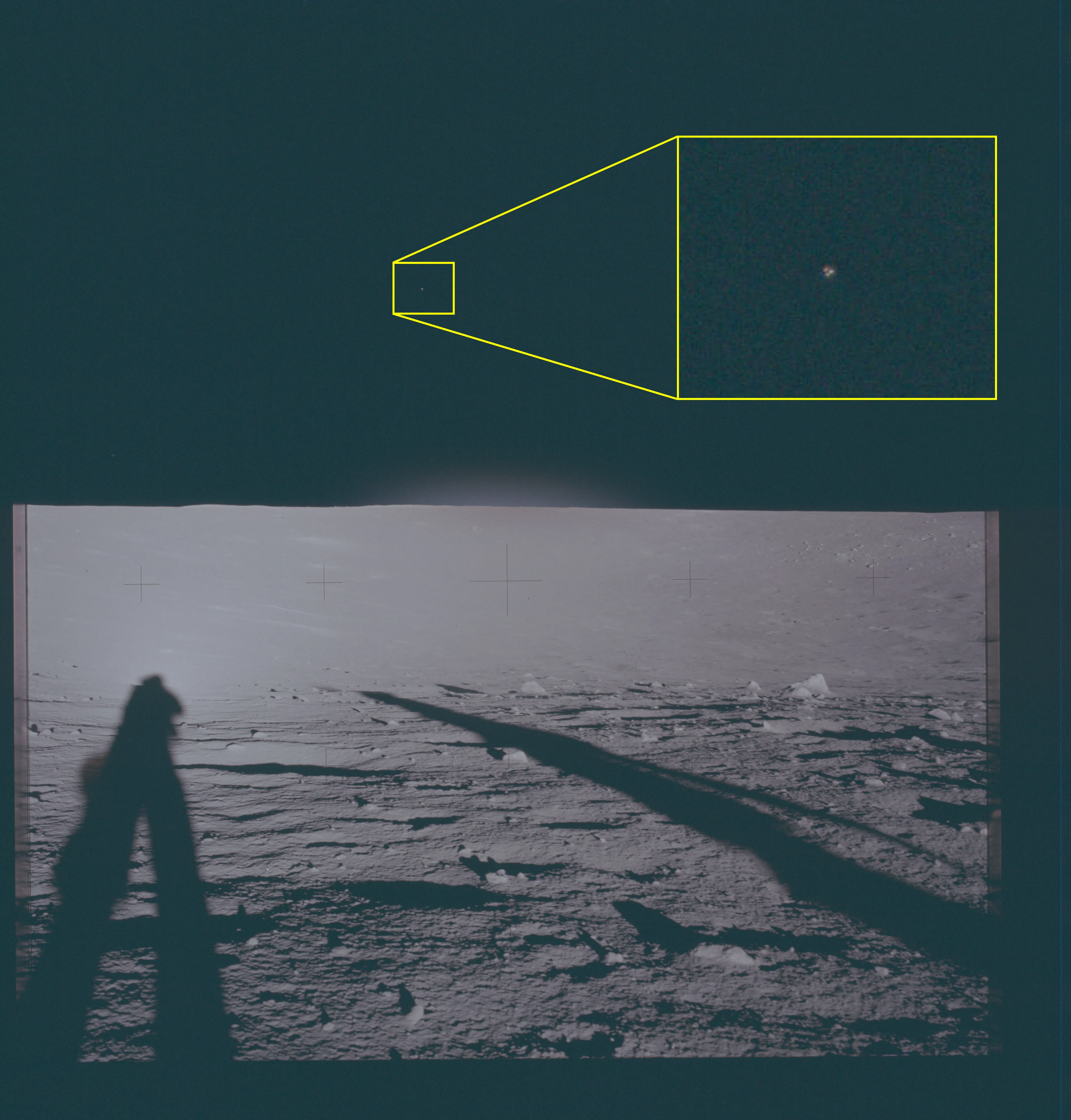 In one Apollo 12 photograph taken by a NASA astronaut on the lunar surface, a strange light can be seen hovering above the horizon in space. 