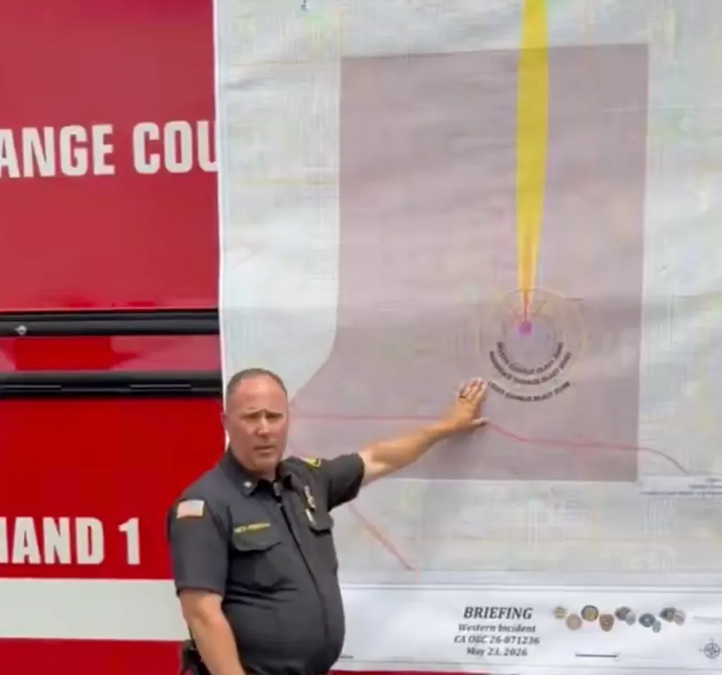 A firefighter pointing to an evacuation zone map with a blast radius.