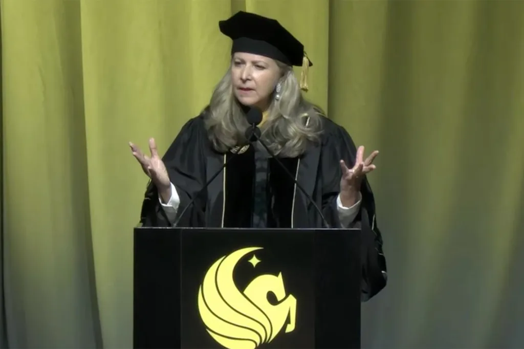 Gloria Caulfield delivers her speech during a commencement ceremony at the UCF on May 8, 2026.