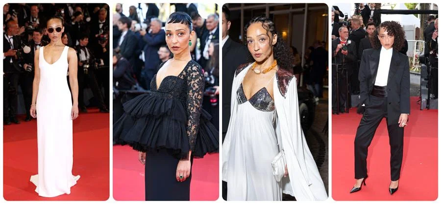 Ruth Negga at Cannes dressed in Celine, Saint Laurent, vintage Ossice Clark and Ami Paris. Source: Getty