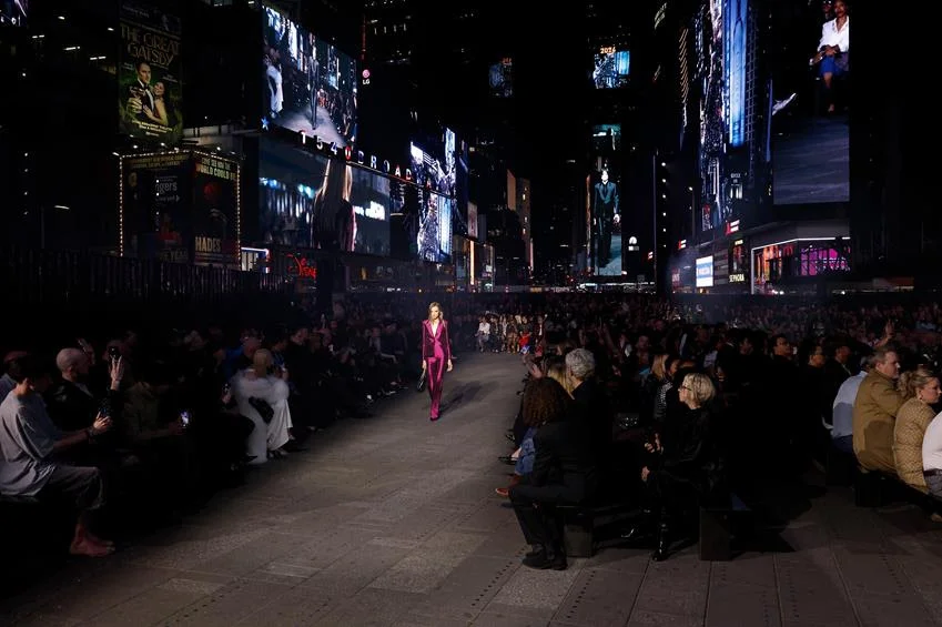 A model walks the runway at Guccicore: Gucci Cruise 2027 at Times Square on May 16, 2026 in New York City. Source: Getty Images