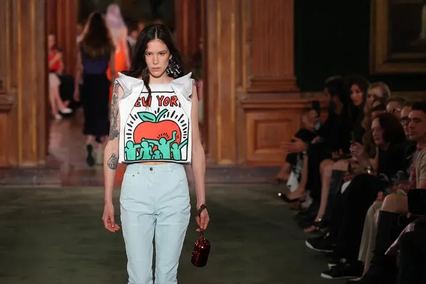 A model walks the runway during the Louis Vuitton 2027 collection fashion show in a look made in collaboration with the Keith Haring Estate at the Frick Collection in New York on May 20, 2026. Source: Getty Images
