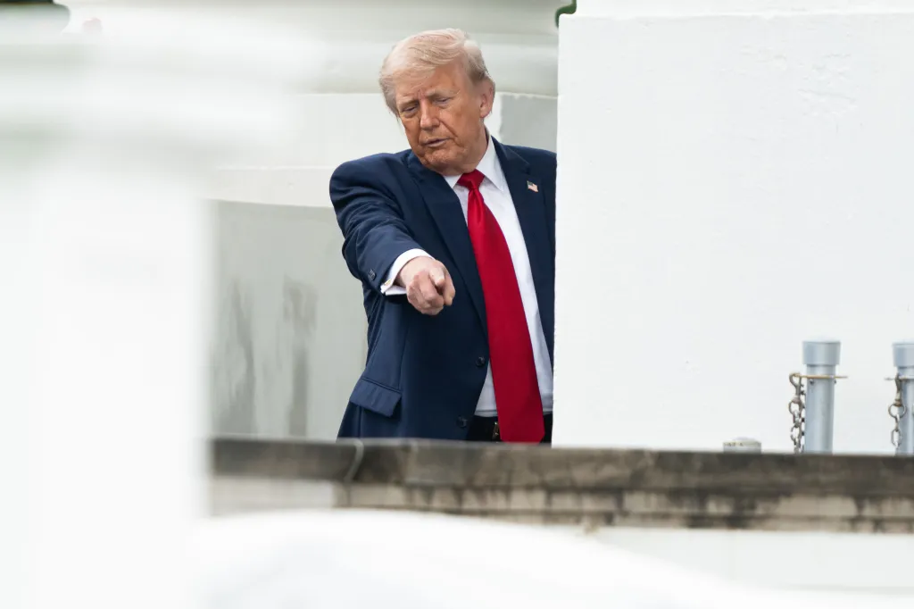 President Donald Trump inspects the columns of the North Portico of the White House on May 25, 2026.