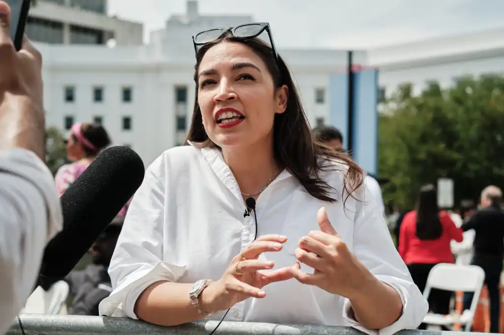 US Representative Alexandria Ocasio-Cortez gives an interview at the National Day of Action for Voting Rights in Montgomery, Alabama.