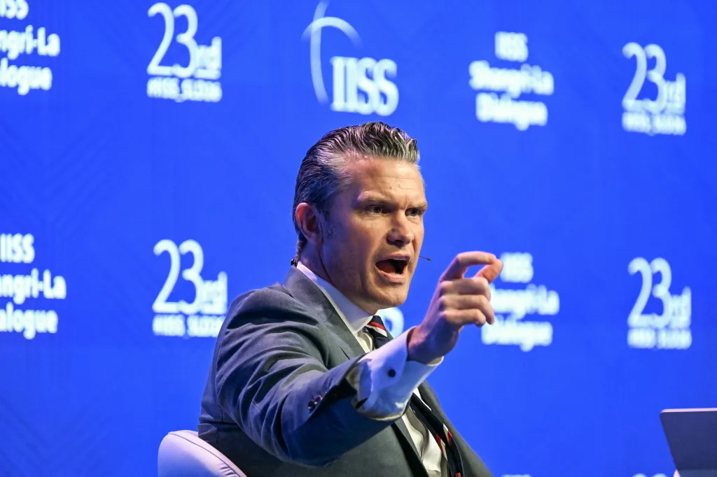US Secretary of Defence Pete Hegseth speaking at the 23rd Shangri-La Dialogue.