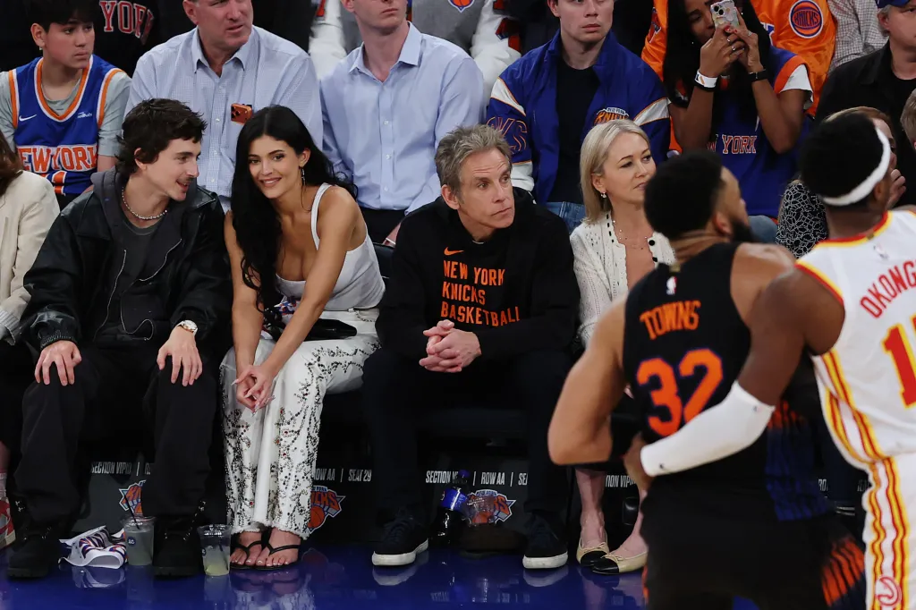 Timothée Chalamet, Kylie Jenner, and Ben Stiller attending an NBA game between the Atlanta Hawks and New York Knicks.