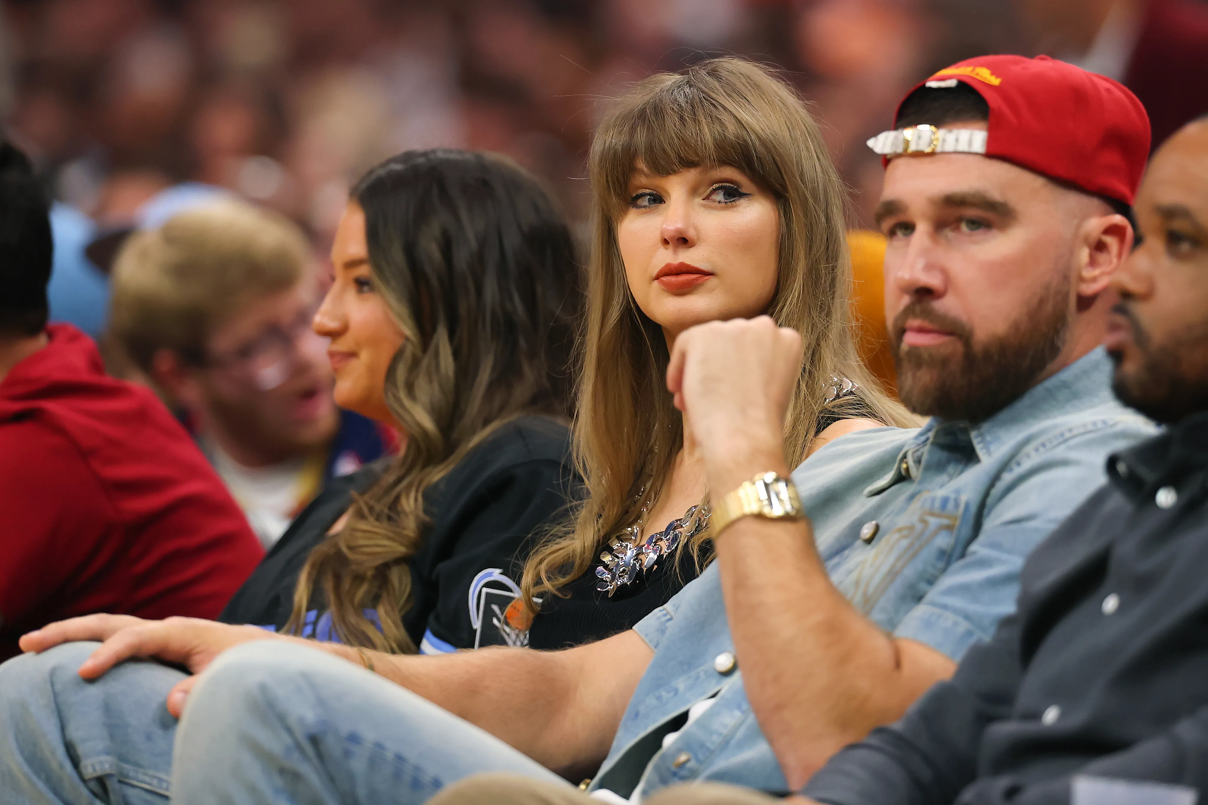 Taylor Swift and Travis Kelce attending Game Three of the NBA Eastern Conference Finals.