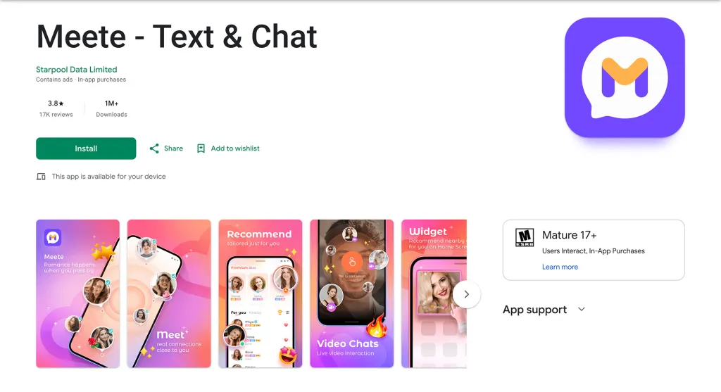 Google Play Store page for the Meete - Text & Chat app, showing its ratings, install button, app icon, and several feature screenshots.