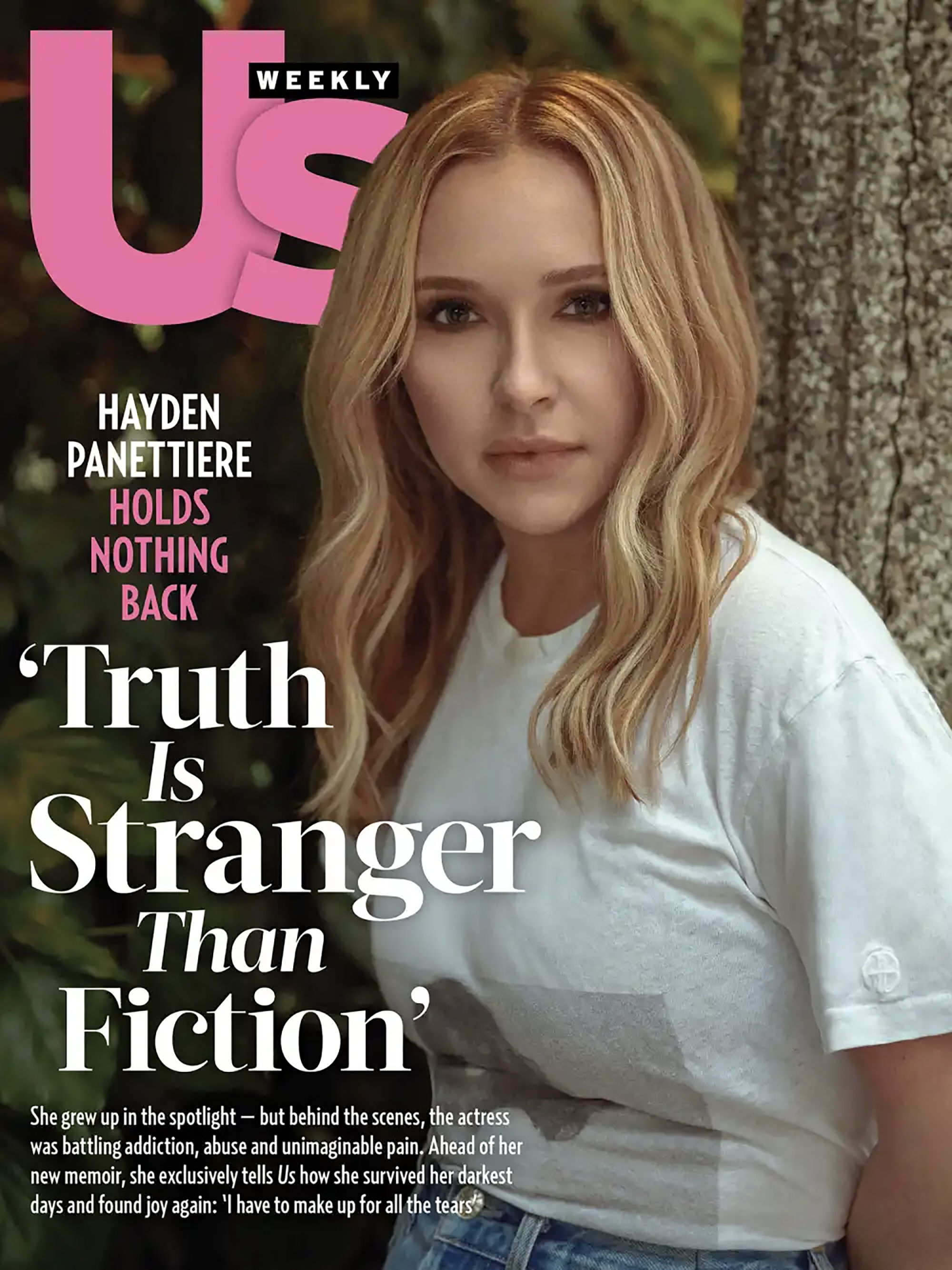 Us Weekly magazine cover featuring Hayden Panettiere in a white t-shirt, with text about her memoir and overcoming addiction.