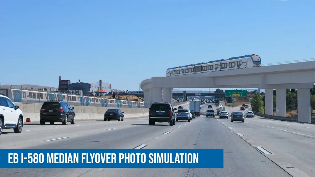 Photo simulation of the Valley Link train on an elevated track over I-580.