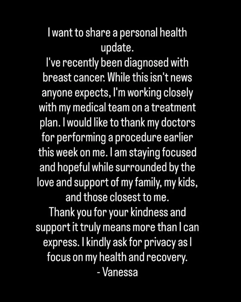 Vanessa Trump's announcement of her breast cancer diagnosis and request for privacy.