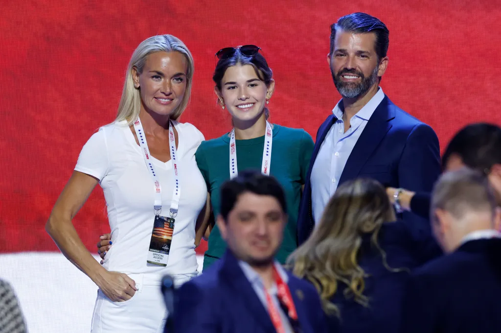 Vanessa Trump, Kai Trump, and Donald Trump Jr. stand on stage at the Republican National Convention.