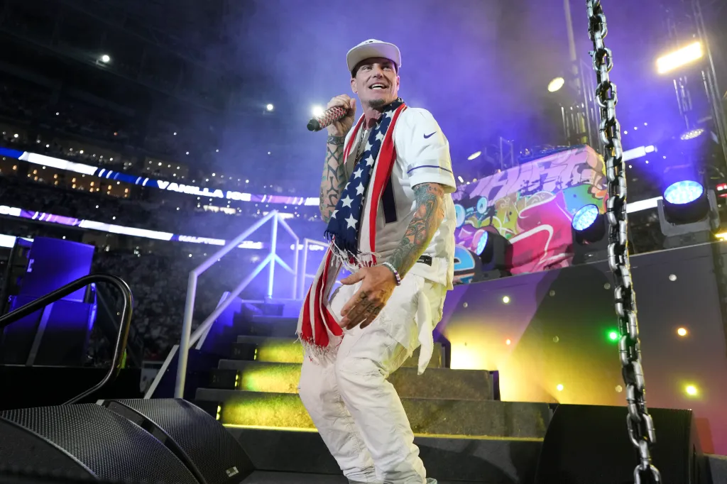 Vanilla Ice performing at halftime of an NFL game.