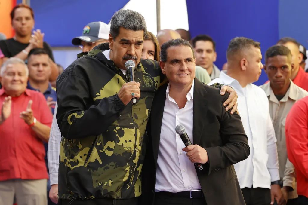 Venezuelan President Nicolas Maduro embraces Alex Saab during an event in Caracas on Jan. 23, 2024.