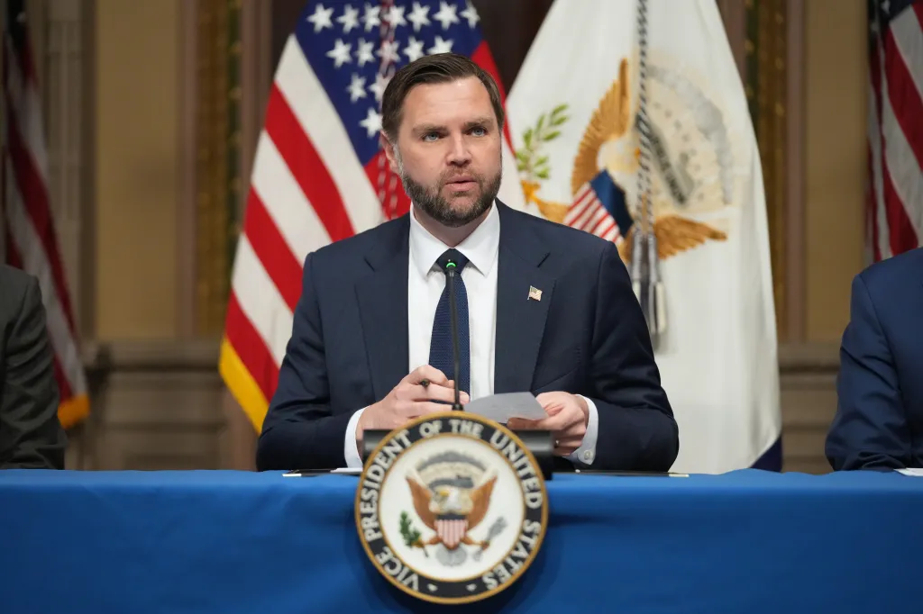 Vice President JD Vance speaking at a press conference.