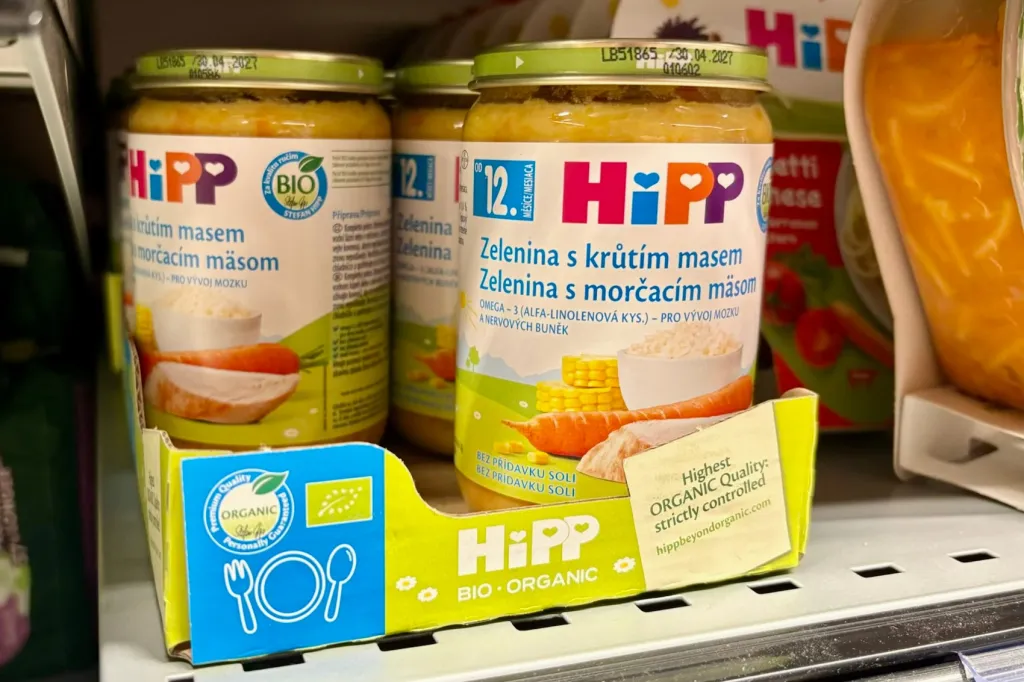 Jars of HIPP baby food sit on a shelf in the Czech Republic on April 19, 2026.