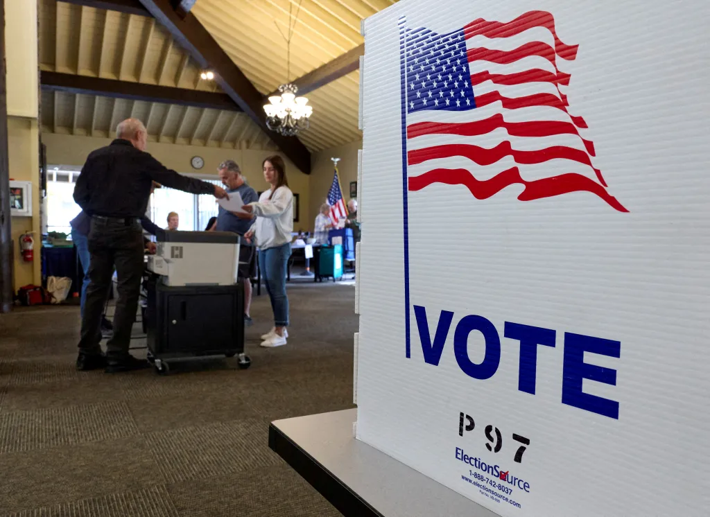 Voters casting ballots at a polling station in El Dorado Hills, California.