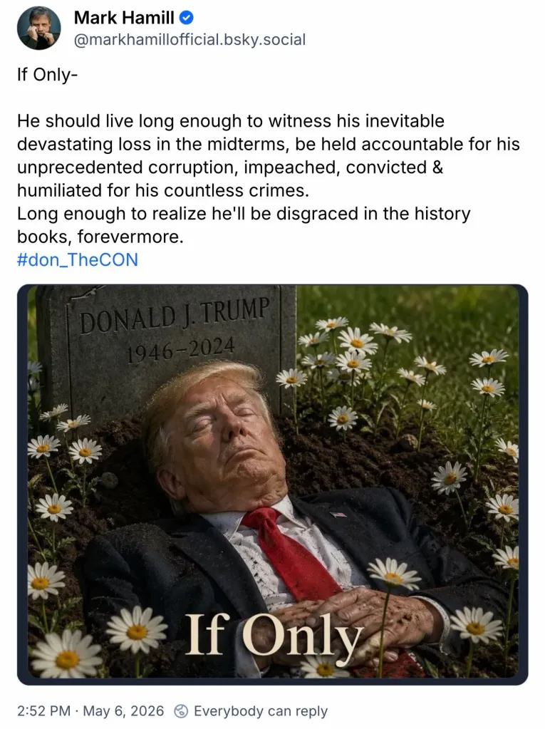 Illustration of Donald Trump deceased in a grave surrounded by daisies, with a tombstone displaying his name and the years 1946-2024.