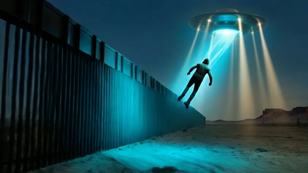 Illustration of a person being abducted by a UFO over a wall in a desert landscape.