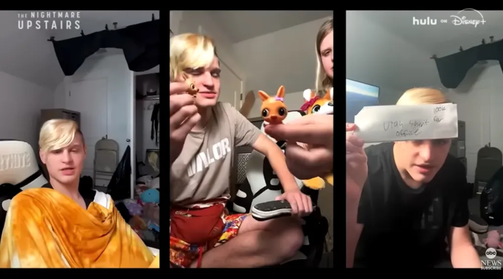 Collage of three vertical video frames showing a blonde young man, with a girl’s hands showing toys in the middle frame, and the young man holding a piece of paper with 