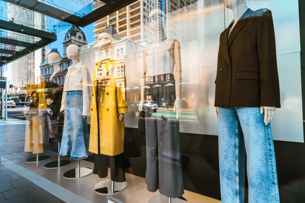 Mannequins displaying women's clothing in a boutique window.
