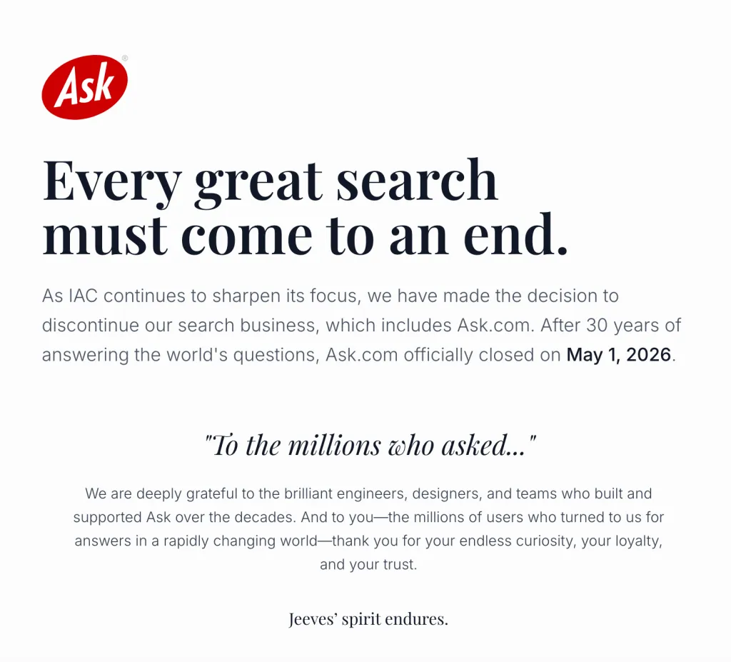 The Ask.com website with text announcing its closure on May 1, 2026.