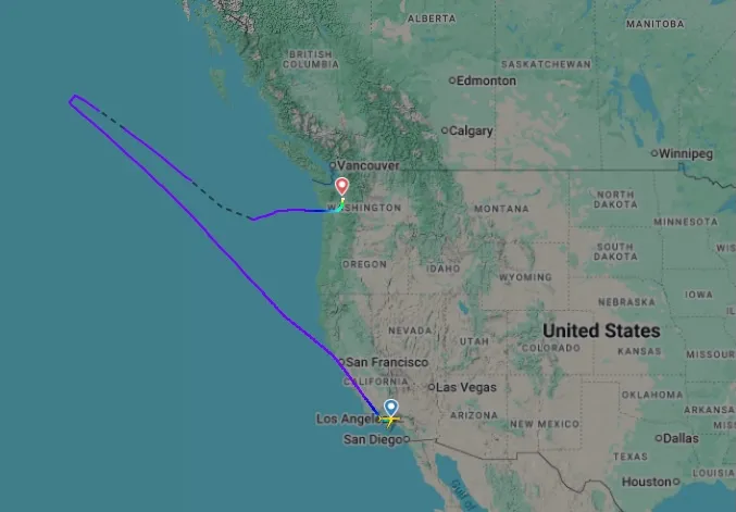 Map showing a Delta flight from Los Angeles diverted to Seattle.