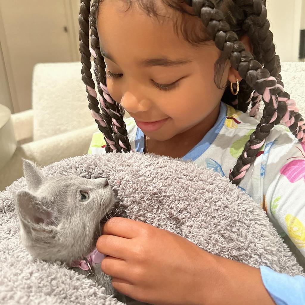 A young girl holding a gray kitten wrapped in a blanket.