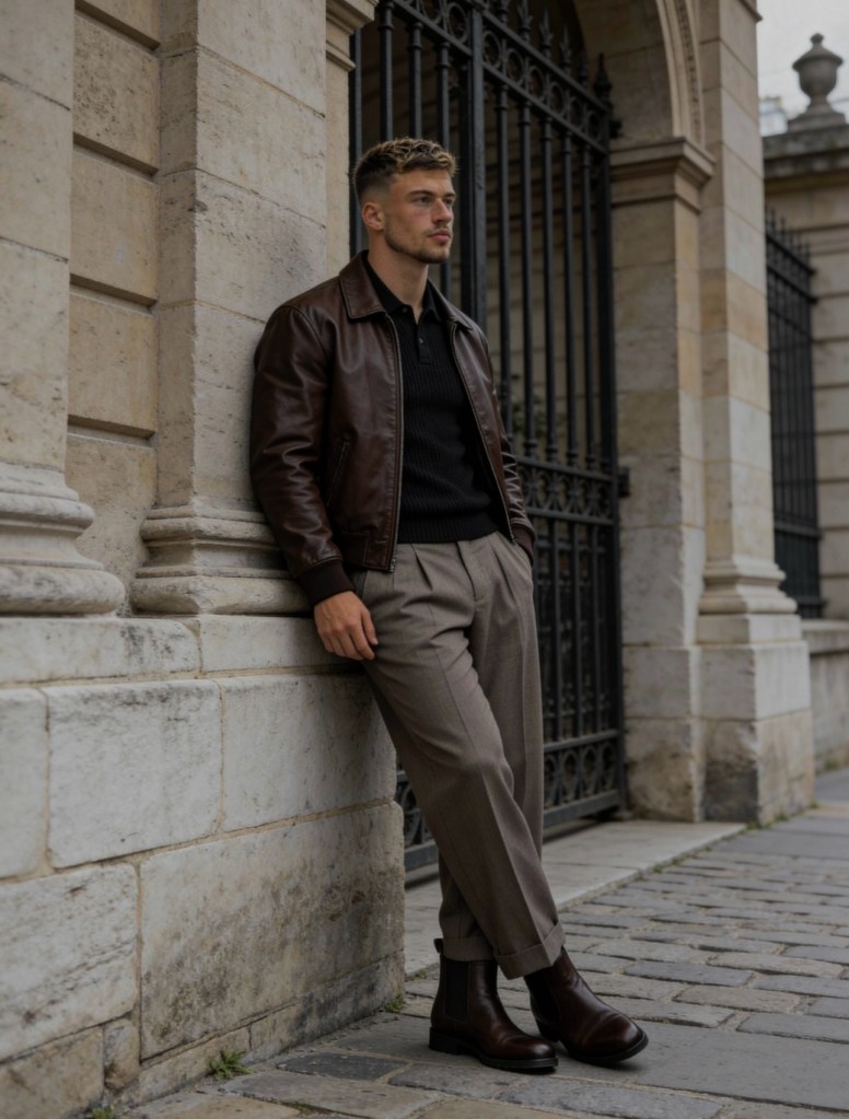 A man in a brown leather jacket, black polo shirt, and beige trousers leans against a stone wall in Barcelona.