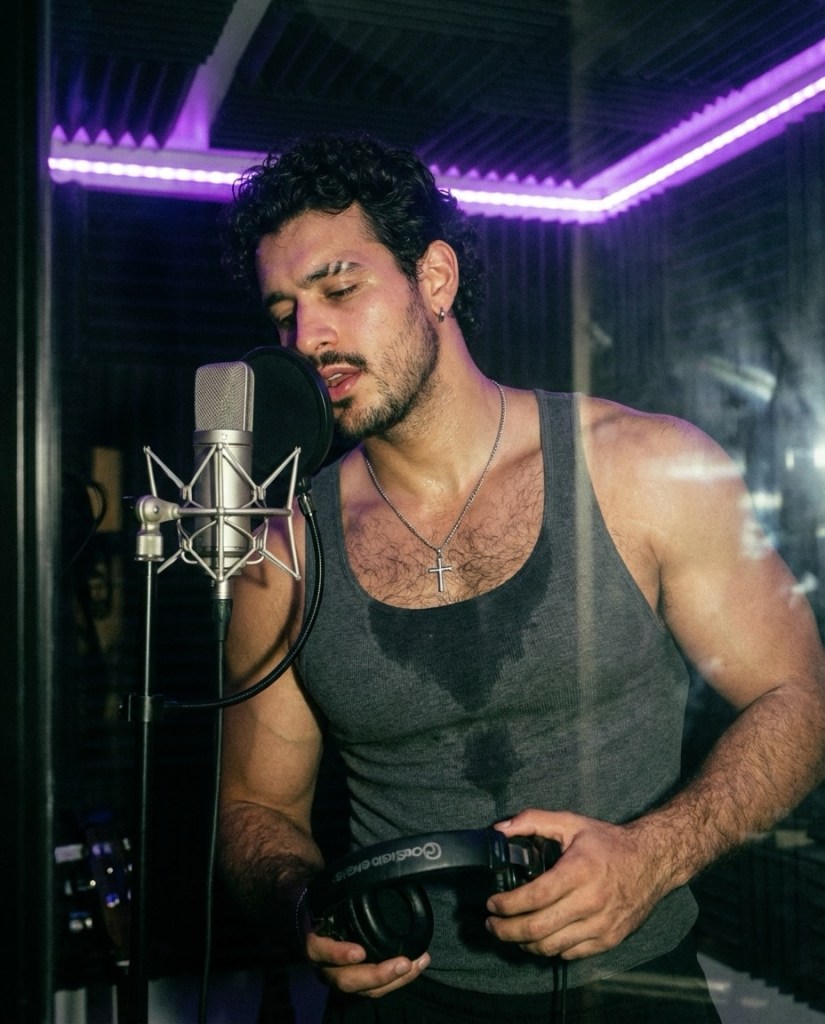 A man in a tank top sings into a studio microphone, holding headphones.