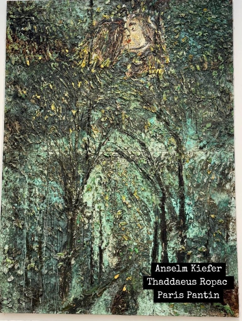 Illustration of a face emerging from an abstract, textured painting of trees by Anselm Kiefer.
