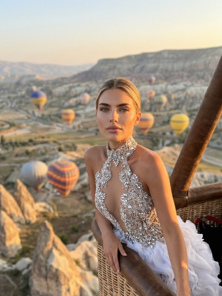 A woman in a jeweled white dress in a hot air balloon over Cappadocia.