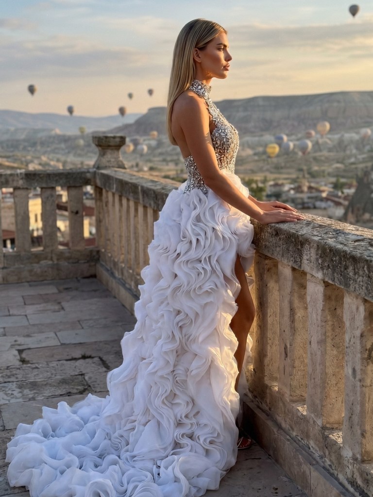 A woman in a white ruffled gown and crystal-embellished halter corset stands on a stone balcony overlooking Cappadocia at sunrise, with hot air balloons in the background.
