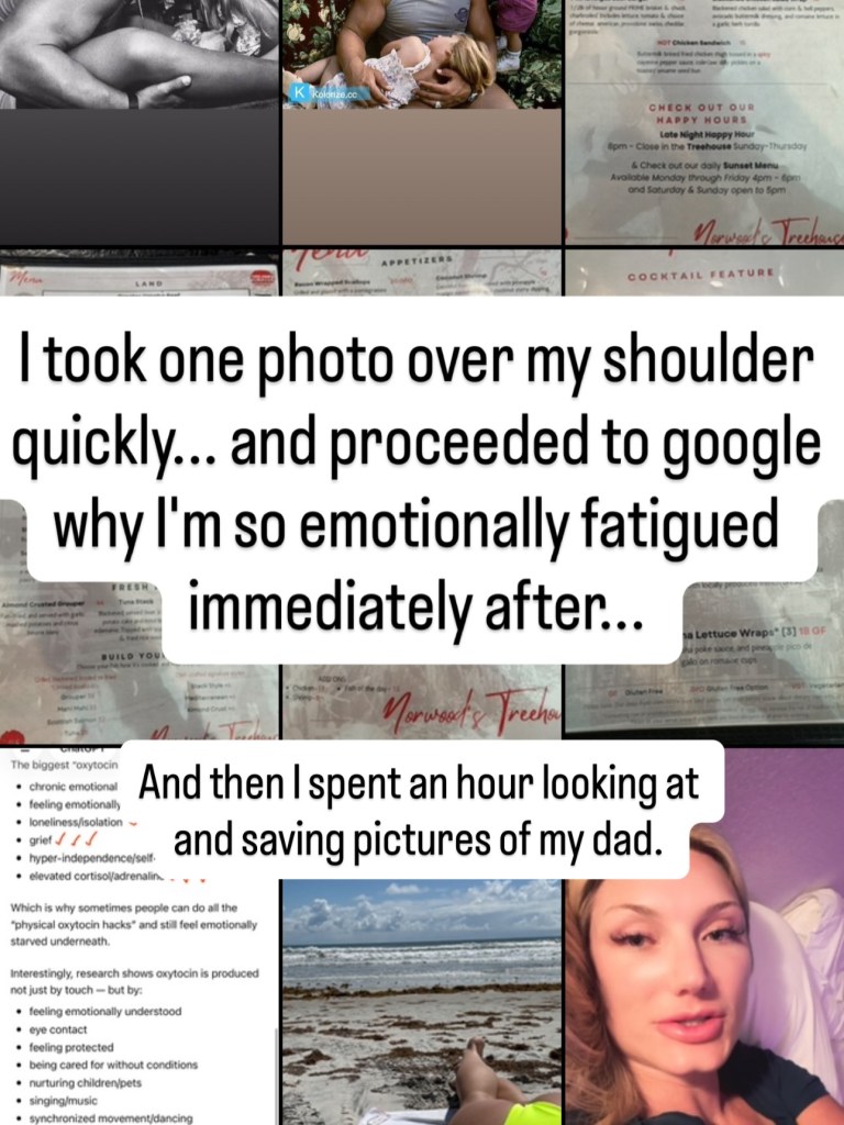 Collage of images and text, including a woman holding a baby, Brooke Hogan, beach scene, and a list of oxytocin benefits.